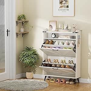 Shoe Storage Cabinet with 2 Flip Drawers, Farmhouse Shoeorganizer w/Metal Legs, Narrow Shoesrack Cabinet for Heels, Boots, Slippers, White