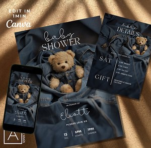 Denim Teddy Bear Baby Shower Invitation: Elegant Boy Invite (print & Digital) - Etsy