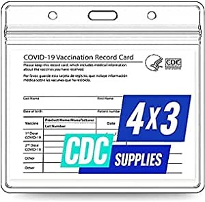 3 Pack - CDC Vaccine Card Protector 4x3, Vaccination Card Holder, 4x3 Card Protector for CDC Immunization Badge, Waterproof, Horizontal Badge ID and Clear Plastic Sleeve with Lanyard Holes & Zip