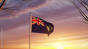 Pitcairn Islands flag at sunset waving in the wind. Islanders flagpole blowing in honor - 3d animation