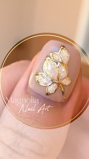 Do you love this Magnolia art just as much as we do? 😍 RÉDI Products Used: ✨3D Crystal Gel ✨Mermaid Flakes ✨White Gel Paint ✨Foil Transfer Gel ✨Metallic Gold Foil #redi #rediproducts #redipro #magnolia #flowers #springnails #rediprofessional | RÉDI - Professional Hypoallergenic Nail Products by April Ryan