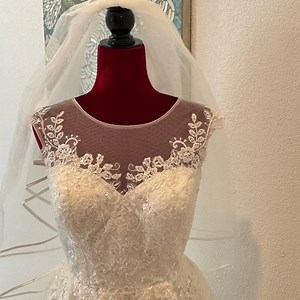 JJ’s House A-line Illusion Tulle Lace Short Wedding Dress with Two Tier 31” Veil