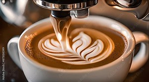 Crafting Latte Art- A Barista's Skillful Pouring of Milk into Coffee. Concept Barista Skills, Latte Art, Milk Frothing Techniques, Coffee Pouring Mastery