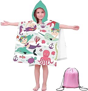 Kids Mermaid Hooded Bath/Pool/Beach Towel -Absorbent Quick Dry Toddler Towel with Hood ,24"×47" Swimming Towel for 1-6 Year Boy Girl