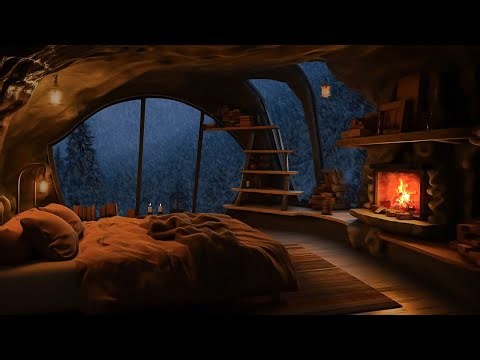 Unwind During a Snowstorm Night ❄️Cozy Cave Fireplace and Snowstorm ASMR for Ultimate Relaxation