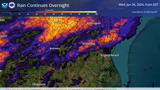 Periods of showers and thunderstorms continue for the next several hours as a cold front pushes south. This video shows the chances of getting at least 0.01" or a hundredth of an inch through 4 AM. The severe threat is over, but occasional lightning and moderate to heavy rainfall causing minor flooding are possible. | US National Weather Service Blacksburg VA