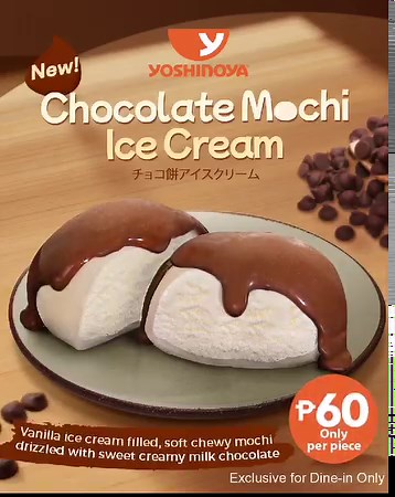 1.3K views · 27 reactions | Elevate your dining experience with our newest Chocolate Mochi Ice Cream! Each bite is a delightful combination of soft mochi with velvety vanilla ice cream, topped off with a drizzle of rich, creamy milk chocolate. Available exclusively for Dine-in only at Yoshinoya. | Festival Mall | Facebook