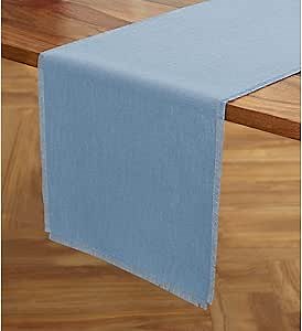 Solino Home Linen Dusty Chambray Blue Table Runner 108 Inches Long - Fringe, 100% Pure Linen 14 x 108 Inch Table Runner for Spring, Summer, Mothers Day