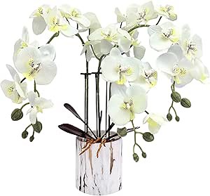 Artificial Orchids Flowers Plant with Vase - Real Touch, Large Phalaenopsis 27 pcs Silk Orchids, Faux Flowers Arrangement for Home Decor (White)
