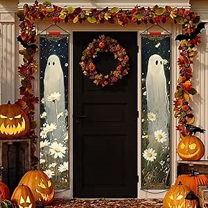Halloween Vintage Porch Door Banners Decorations Spooky Cute Ghost Floral Hanging Signs for Happy Halloween Outdoor Indoor Porch Decor for Front Door Outside Yard Welcome Wall Party Supplies