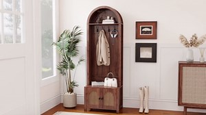 Hall Tree 70.9" Narrow Arch Coat Modern Farmhouse Rack with 4 Hooks and 2 Fluted Doors for Hallway Entryway Mud Room Bedroom Living Room HOME Walnut - Walmart.com