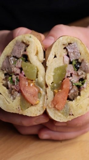 Shawarma Steak with Homemade Pita🥙🥩 This Shawarma recipe is totally different. Watch to find out why. Are you a purist? Or do you like changing things up? SAVE THIS RECIPE Shawarma Steak 14 oz NY Strip Steak 1 tbsp @jamiegeller Shawarma Seasoning 4 tbsp @colavitausa olive oil PREP Pat steaks dry. Make a marinade by mixing seasonings with olive oil. Marinate steaks for 1 hr. Sear each side for 4-5 min until a brown crust develops, sear on the side for 1-2 min. Remove the steak and let it rest f