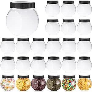 Tradder 24 Pack Plastic Candy Jars with Lids 19 oz Clear Cookie Jar Container Wide Mouth Candy Storage Jars for Candy Cookie Coffee Bean Nut Spices Canister Party Sweet Candy Gift Wrap Table