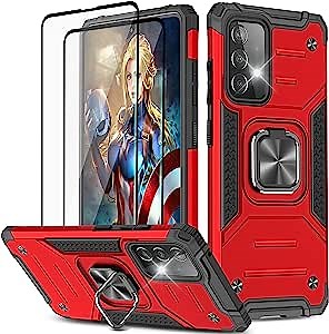 YmhxcY Galaxy A52 5G Case,Samsung A52 5G Case,with Tempered Glass Screen Protector[2 Pack], Armor Grade with Rotating Holder Kickstand Non-Slip Hybrid Rugged Phone Case for Samsung Galaxy A52 5G-Red