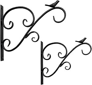 2 Pack Bird Hanging Flower Bracket Hook for Garden Balcony Robust Plant Bird Feeder Wind Chimes Hanger for Corridor Porch, Pastoral Pot Bracket Wall Mount Rack for Lantern Tree Fence (Black)