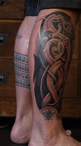 The Viking Art Tome has 300 Nordic/Viking Tattoo Designs created by Isar Okamund. Inspired by artefacts and ornaments found in The Viking Age. The Viking Art Tome covers all of The Nordic Styles so you can get the perfect Viking Tattoo when you pair The Tome with an artist who knows what they are doing. This Tattoo was Created by @oscarorcellet using a Mammen and Ringerike wyrm design from The Viking Art Tome. #Vikingtattoo #Nordictattoo #Nordicart #Vikingart #norsemythology #Mammen #ringerike |