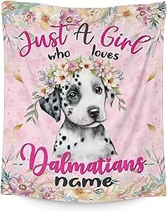 Custom Dalmatian Dog Blanket Gift with Name - 50 x 60 Inches Cute Throw Blanket for Dog Lovers, Kids, Boys & Girls - Pink Soft Fuzzy Blankets for Bed, Couch & Travel