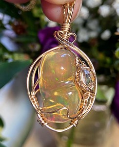 Mexican Jelly Opal and NY Herkimer Diamond Quartz Crystal Pendant: 14K Gold-fill Handmade Wire Wrap Necklace - Etsy