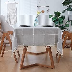 ARSUN Waterproof Farmhouse Burlap Tablecloth with Tassel, Cotton Linen Rustic Embroidery Table Cloths for 6 Foot Tables Tablecloths Wrinkle Free Washable for Indoor and Outdoor Parties Party