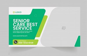 In home senior health care you tube banner template design amp medical healthcare video thumbnail | Premium Vector