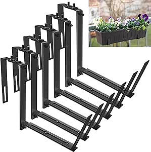 6pcs Adjustable Planter Box Brackets Window Flower Boxes with Brackets for Deck Railing Heavy Duty Iron Hanging Box Brackets for Balcony, Fences, Patio and Garden