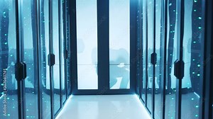 Modern data center secure storage with multiple working server racks. Silhouettes of computer hackers sneaking trying to enter server room performing crime at data center.