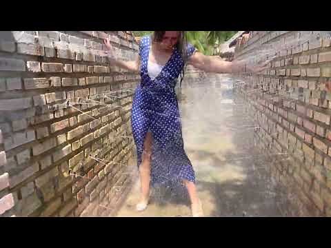 Wet blue dress • wetlook • Lulu get wet in fountain