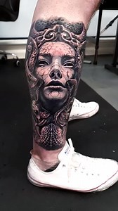 Medusa.. Medusa is one of the most famous figures in Greek mythology, known as one of the three Gorgons. Unlike her immortal sisters, Stheno and Euryale, Medusa was mortal. She is often depicted as a winged woman with venomous snakes for hair, and her gaze had the power to turn anyone who looked at her directly into stone. #tattoo #calftattoo #medusa #glasgowtattoo #tattoorealizm | Burt Tattooizé