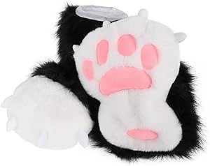 Adult Cute Plush Animal Paw Slippers Fuzzy Warm House Shoes Furry Faux Fur Plush Cat Paw Shoes with Paw Pad Cosplay Costume (Black)