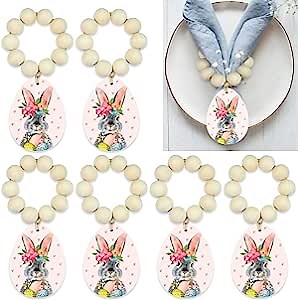 QNNEFF 6 Pieces Easter Napkin Rings Easter Bunny Napkin Rings Wood Beads Napkin Ring Holders Easter Eggs Napkin Rings Farmhouse Napkin Rings Cute Rabbit Napkin Ring Holders for Easter Dining Table