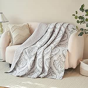 Tache Gray White Ogee Damask Quilted Throw Blanket - 50x60 inch Blanket Moon Sky Speckled Heather Grey Modern Victorian Shabby Chic Reversible Pattern Lightweight Quilt