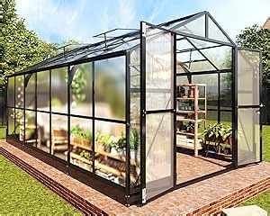 PaPaJet 8x14 FT Polycarbonate Greenhouse with Quick-Connect Fittings, Walk-in Large Aluminum Greenhouse with 2 Swing Doors, Winter Greenhouse for Outdoors Black