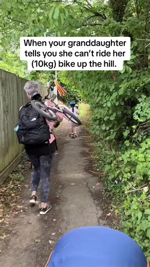 I tried pushing this tiny bike up the hill…. It nearly broke my back in two 😳 Just carry it, Anne ☺️ . . . . #agestrong #ageamazing #grateful #strongwomen #family