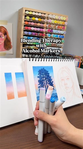 Landscape with alcohol markers 🩵 #markertutorial #markerart #markerdrawing #alcoholmarker #drawing