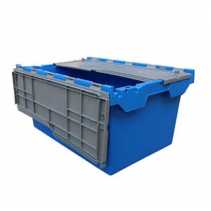 [Hot Item] Large Capacity Heavy Duty Attached Lids Solid Wall Flat Bottom Plastic Crate Totes Box