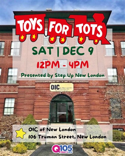 🚗 DRIVE THRU Toy Drive! 🎁 Giving is easy when you can just pull up with an unwrapped gift 😄 The Toys for Tots Drive Thru Toy Drive is presented by Step Up New London and will take place at the OIC of New London. 🕰️ 11AM-4PM ✳️ SAT | DEC 9 📍 106 Truman St, New London, CT | Q105 - Today's Hits