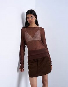 Topshop sheer knit cinch waist top in chocolate | ASOS