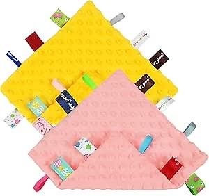 Tag Security Blankets for Babies, Sensory Soothing Blanket for 3-12 Months Baby, Soft Minky Loveys Toys for Girls and Boys (Pink Yellow)