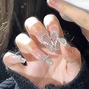 French Tip Press on Nails Long Fake Nails with Rhinestones Designs Heart False Nails Full Cover Stick on Nails for Women Girls - 24PCS