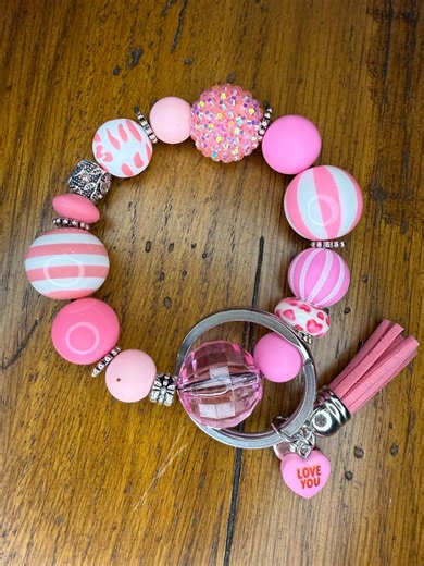 Candy Heart Crush Valentine Beaded Keychain Bracelet – Pink Sparkle Wristlet With Love Charm - Etsy