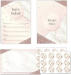 Decor365 12 Set Glitter Rose Gold Party Invitations Neutral Card with Envelops and Stickers Girls Birhtday Invites Wedding Invitates Sweet 16 Bridal Shower Anniversary Baby Shower Party Supplies