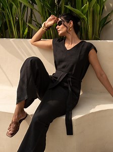 Cap Sleeve Linen Jumpsuit: V Neck Romper With Belt & Pockets - Etsy Canada