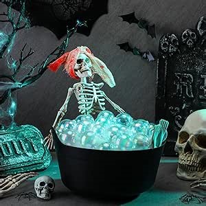 Halloween Decorations Indoor Cauldron Halloween Decor DIY Bubbling Set Black Plastic Witch Bowl Cauldron with Skeleton LED String Light Skeleton Party Decor for Table