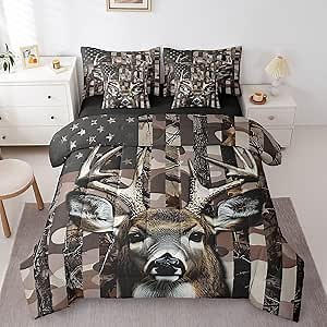 Erosebridal Comforters Queen Size Set with Sheets for Kids Camo Deer Bedding,7 Pieces Bed in a Bag Queen American Flag Moose Bedding Sets with Comforter, Sheets, Pillowcases