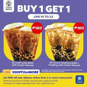 18K views · 14 reactions | Satisfy your milk tea cravings with Tiger Sugar's Buy 1 Take 1 deal for only P160! Click https://smmallsonline.onelink.me/0xxH/324967a and order at the SM Malls Online App now! Use code 50OFF2orMore and get 50% off on your orders from 2 or more restaurants  #SMMegamall | SM MEGAMALL | Facebook