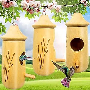 Hummingbird House for Outside Hanging, 6.3 * 2.4IN Wooden Hummingbird Houses for Outside for Nesting Bird Houses for Garden Window Outdoor, Hummingbird Swinging Hummingbird Nest with Hemp Ropes 3PCS