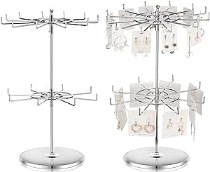 Wesiti 2 Pcs Metal Display Rack 2 Tier Spinner Display Stand Rotating Craft Show Countertop Display Stand Heavy Duty Keychain Stand Spinning Adjustable Jewelry Organizer for Mall Retail Store (Silver)