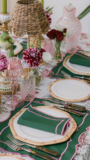 In Conversation With @marycharteris 👄 As Part of our September Series, Mary has Created an Eclectic Table Edit for Mrs. Alice Featuring her Newly Designed Green & Pink Placemats & Napkins 💕💚 Available to Shop on our Site Today #MrsAlice #AtHomeWith #MaryCharteris #Tablescape #Styling #SeptemberSeries | Mrs. Alice