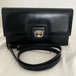 Rare Vintage Gucci Shoulder Clutch Bag Black Leather 1970s