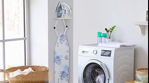 Amazon.com: Ironing Board Hanger Wall Mount for Y Leg Ironing Board Holder with Shelf and Wooden Base Basket Iron Holder Rack with Hooks for Home Laundry Room White : Home & Kitchen